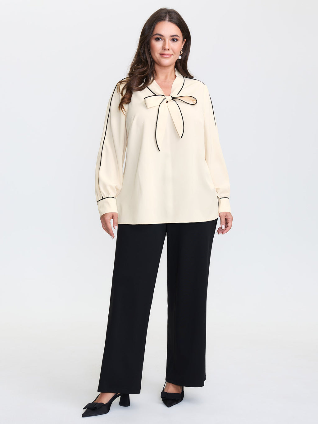 Bowknot Neckline Color Contrast Blouse