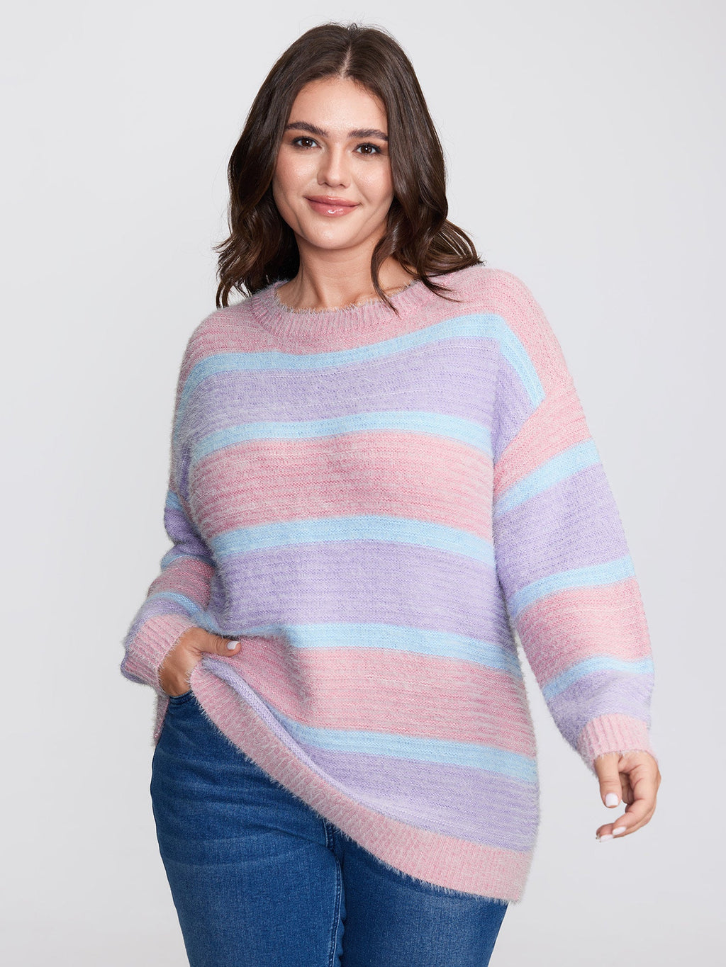 Color Stripe Fluffy Textured Pullover