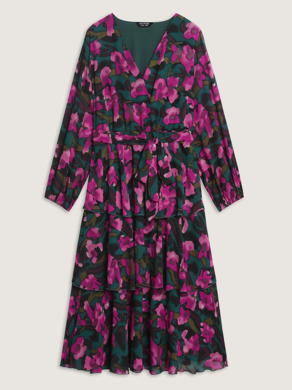 Abstract Floral Print Layered Pockets Midi Dress