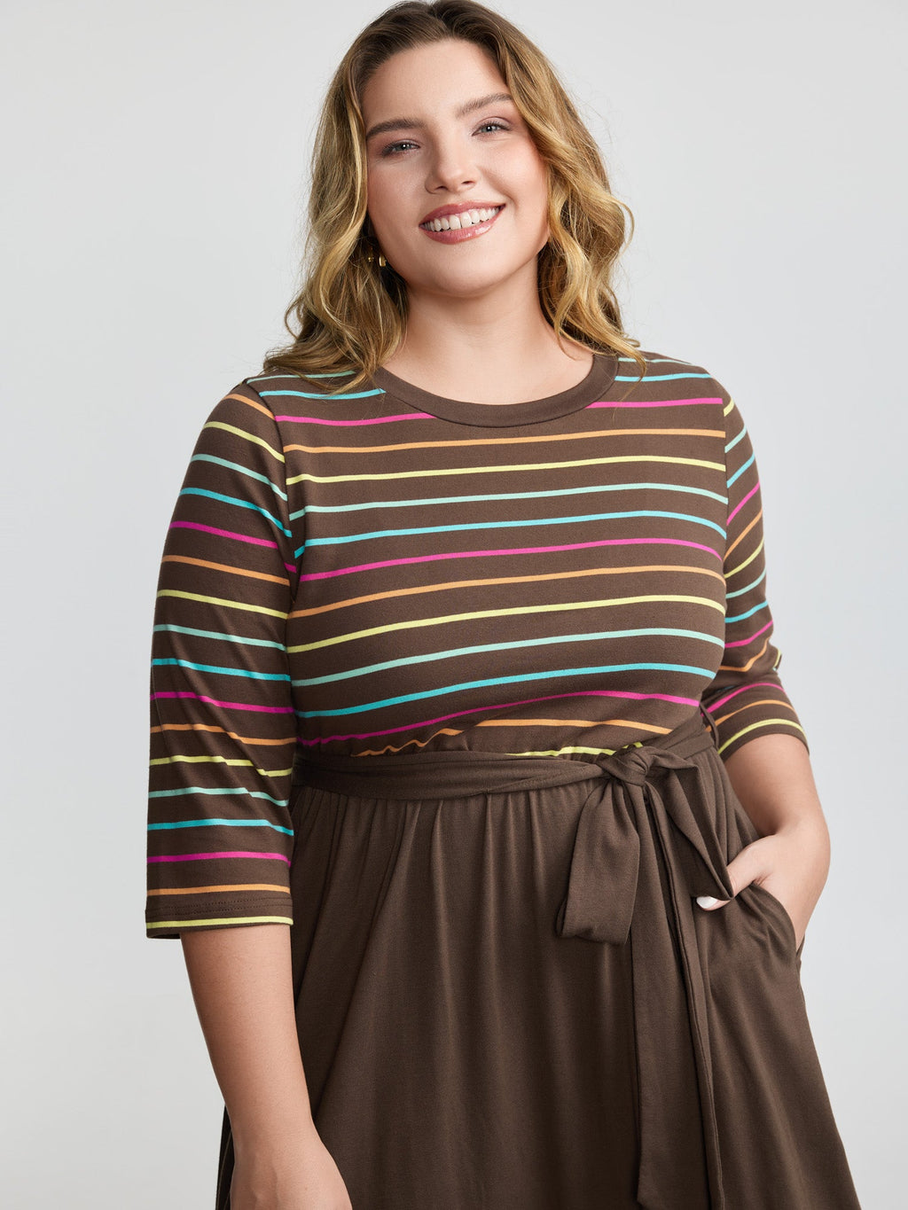 Colorful Stripe Stretchy Waist Midi Dress