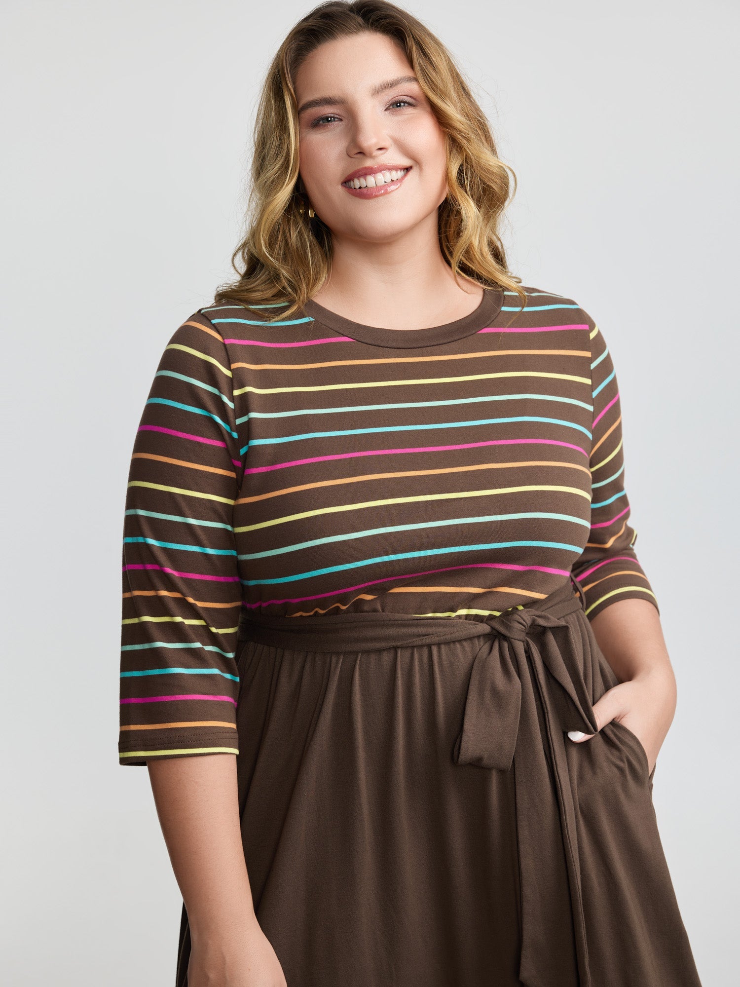 Colorful Stripe Stretchy Waist Midi Dress