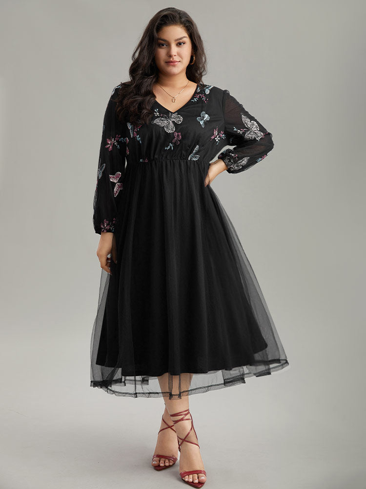 Butterfly Embroidered Mesh Gathered Patchwork Dress