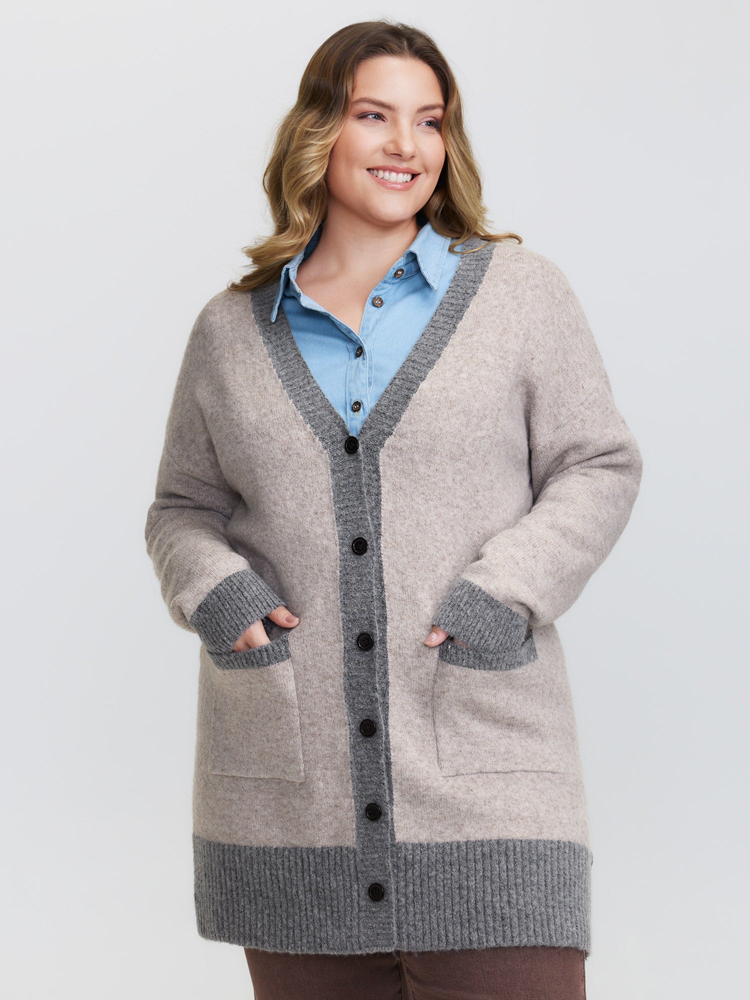 Color Contrast Buttons Pockets Knit Cardigan
