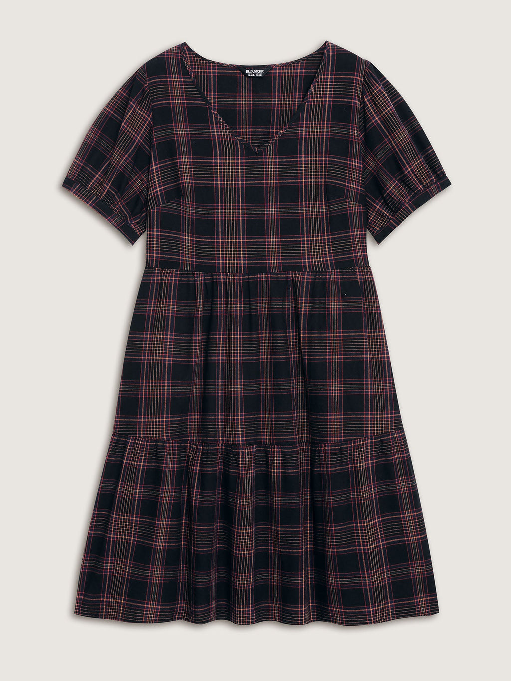 Cotton Retro Plaid Print Tiered Stretchy Midi Dress