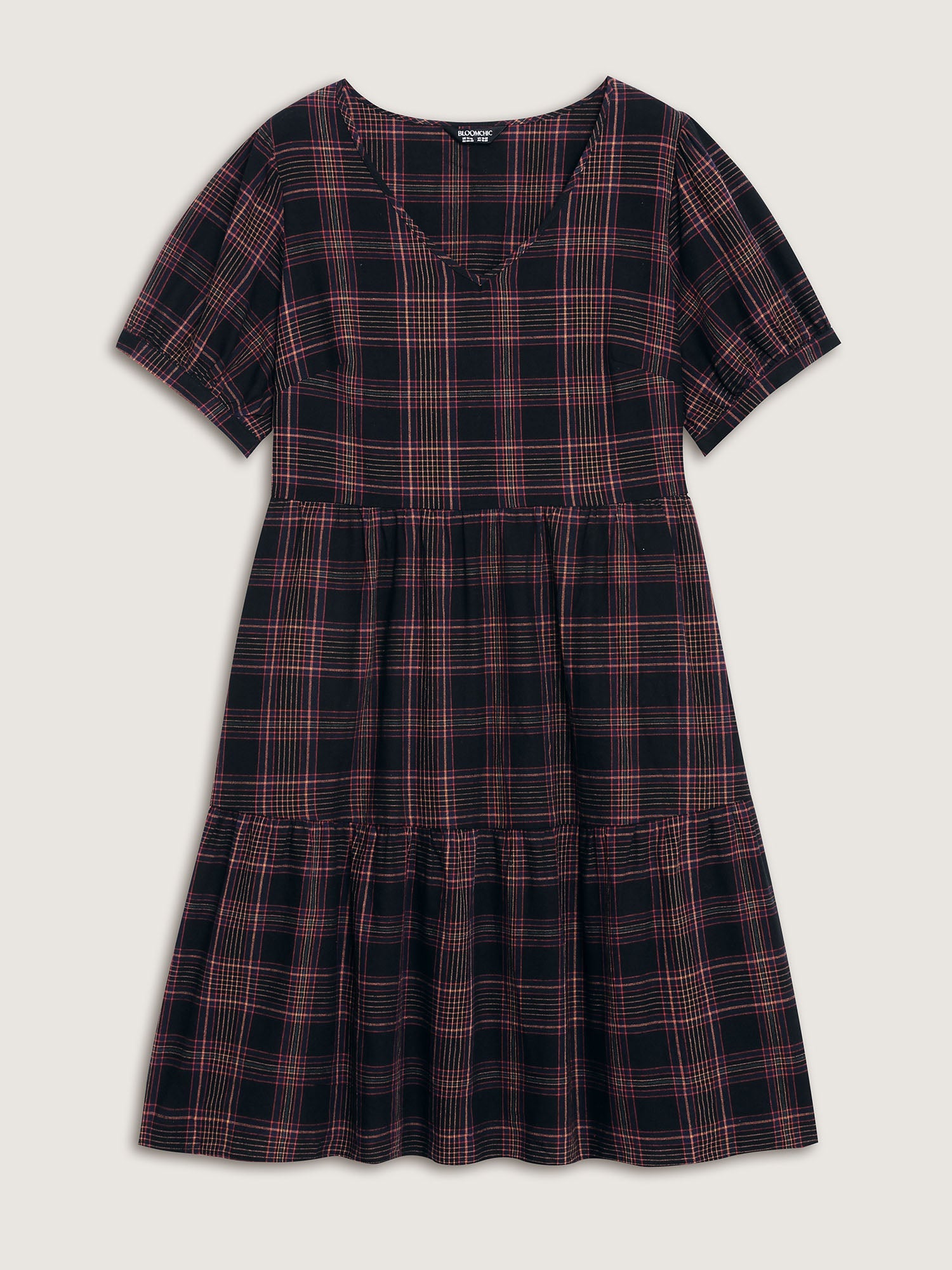 Cotton Retro Plaid Print Tiered Stretchy Midi Dress