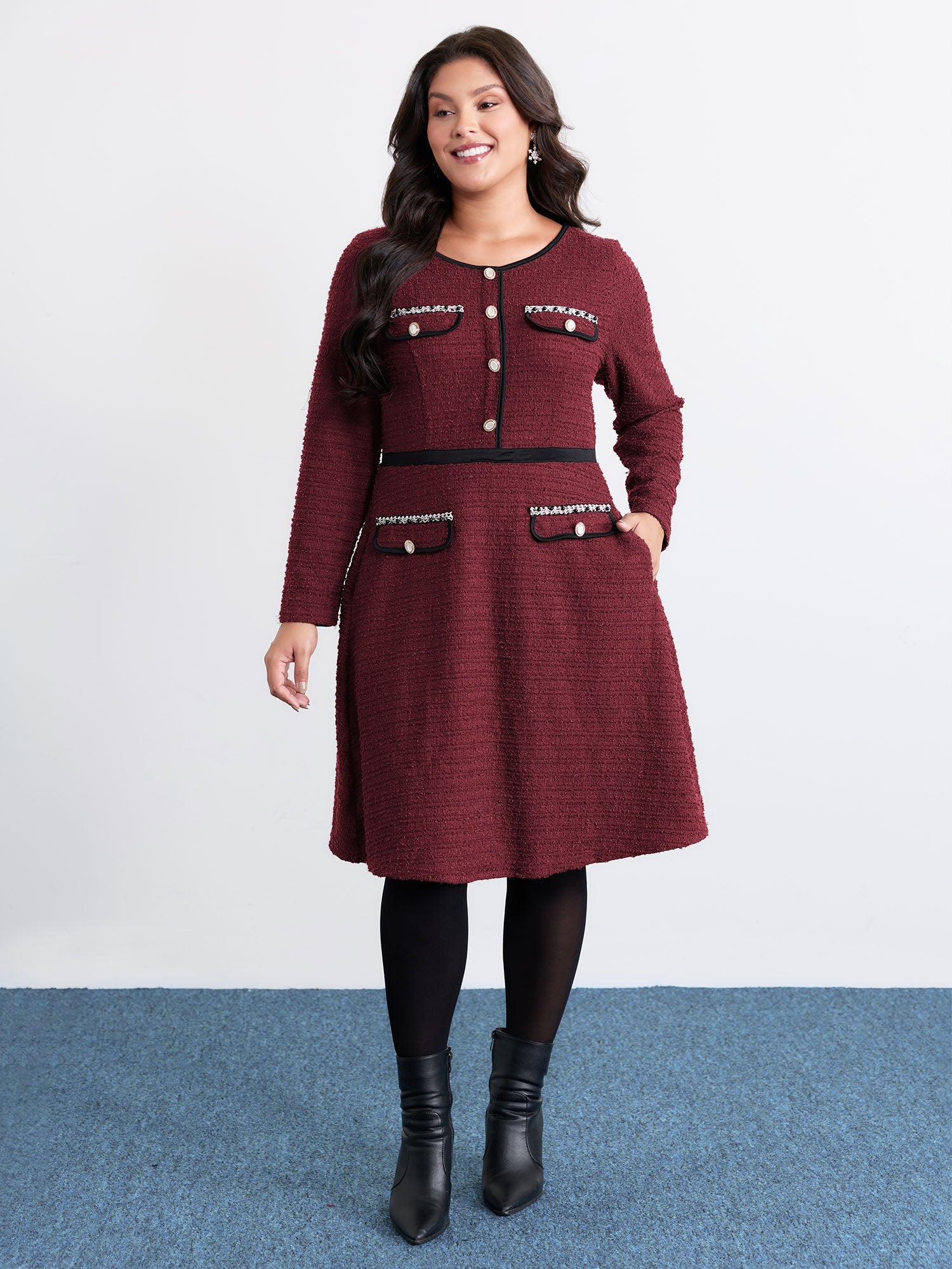 Tweed Stretchy Waist Color Contrast Midi Dress