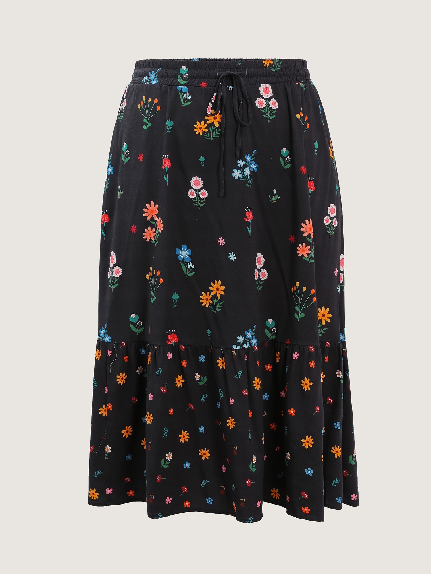 Colorful Floral Print Drawstring Midi Skirt
