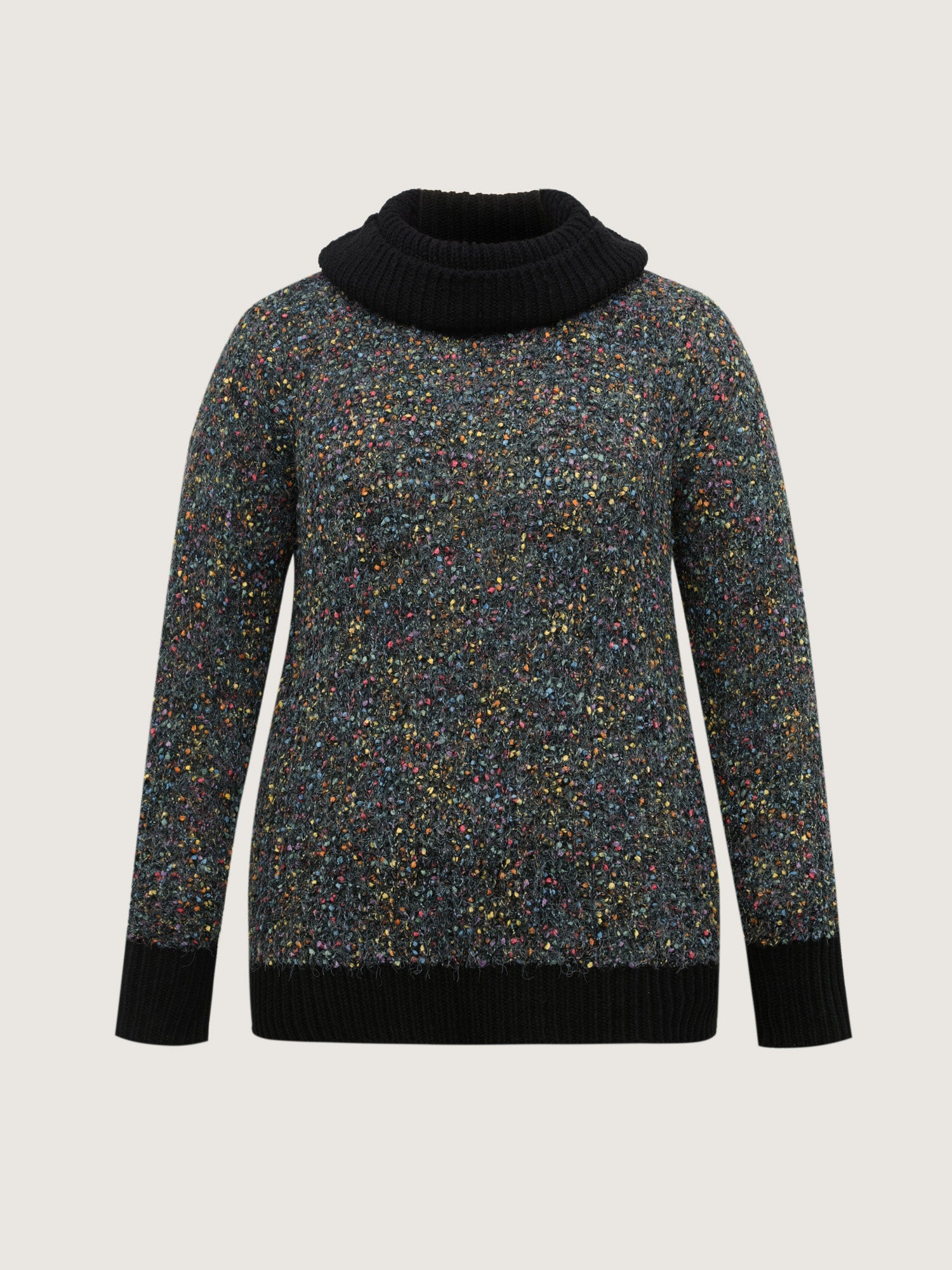 High Turtleneck Grainy Yarn Contrast Pullover