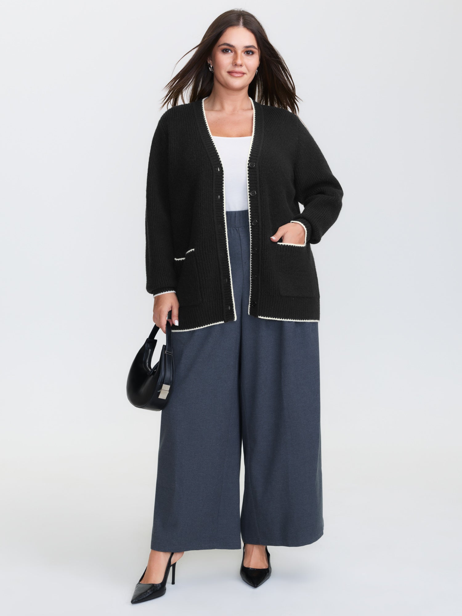 Color Contrast Edged V-Neck Knit Cardigan