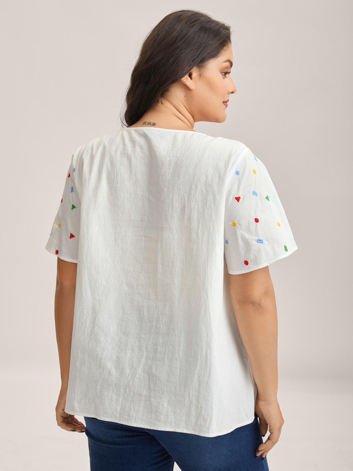 Cotton Colorful Embroidery V-Neck Solid Blouse