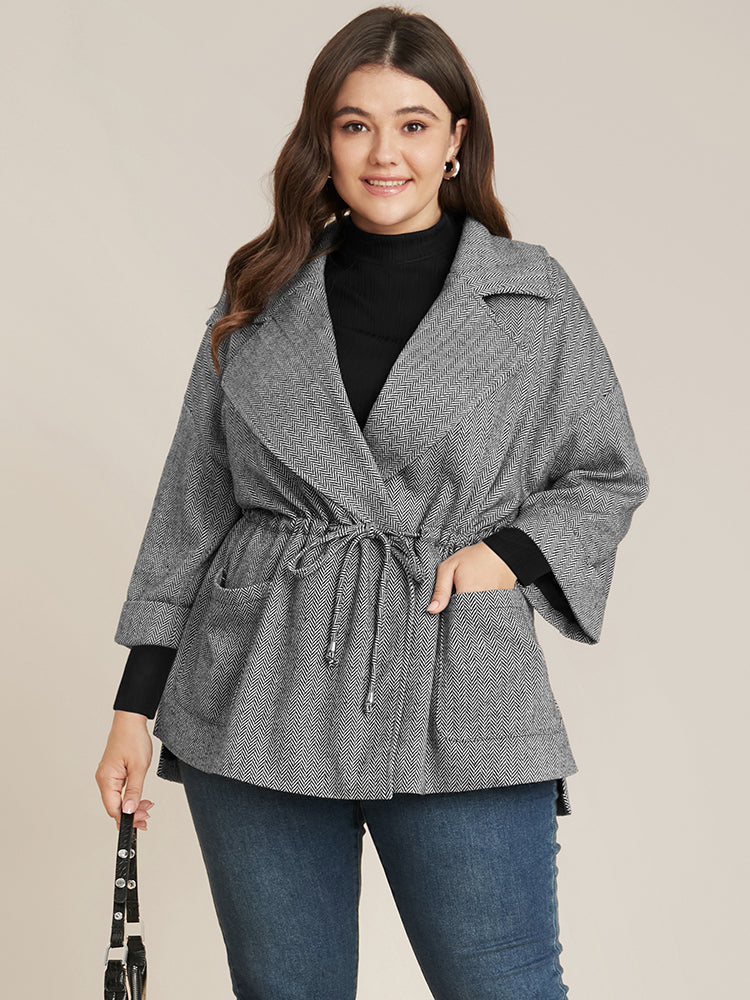 Chevron Pattern Pocket Split Hem Drawstring Coat