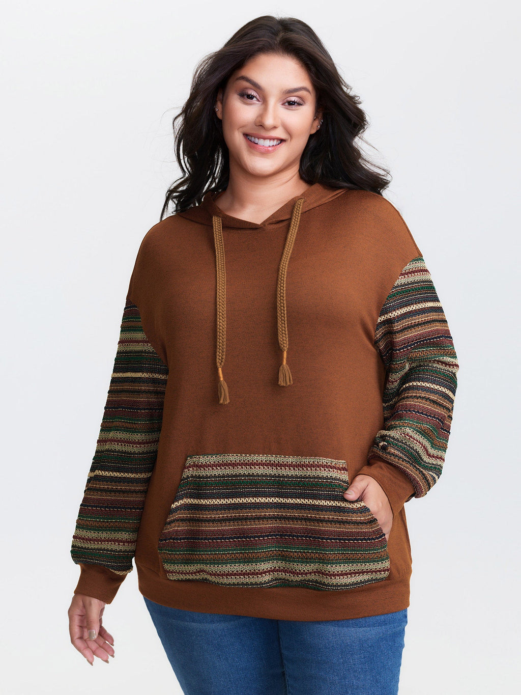 Color Contrast Stripe Textured Hoodie