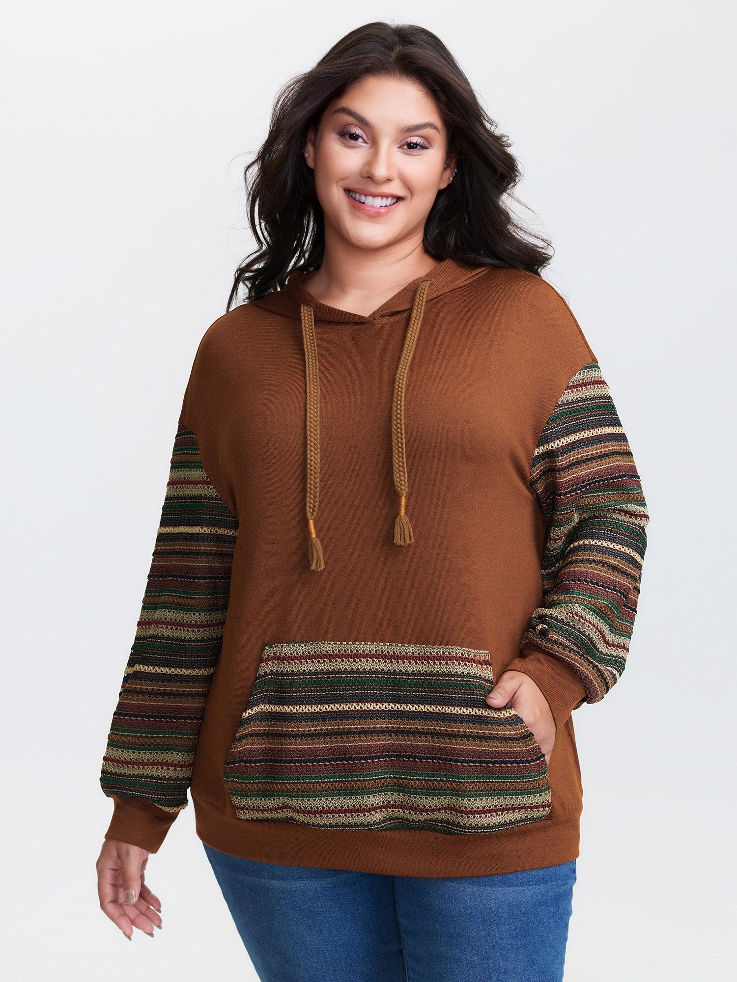 Color Contrast Stripe Textured Hoodie