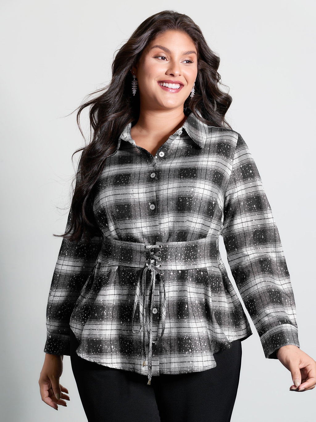 Checkered Hot Stamped Waist-Tie Blouse