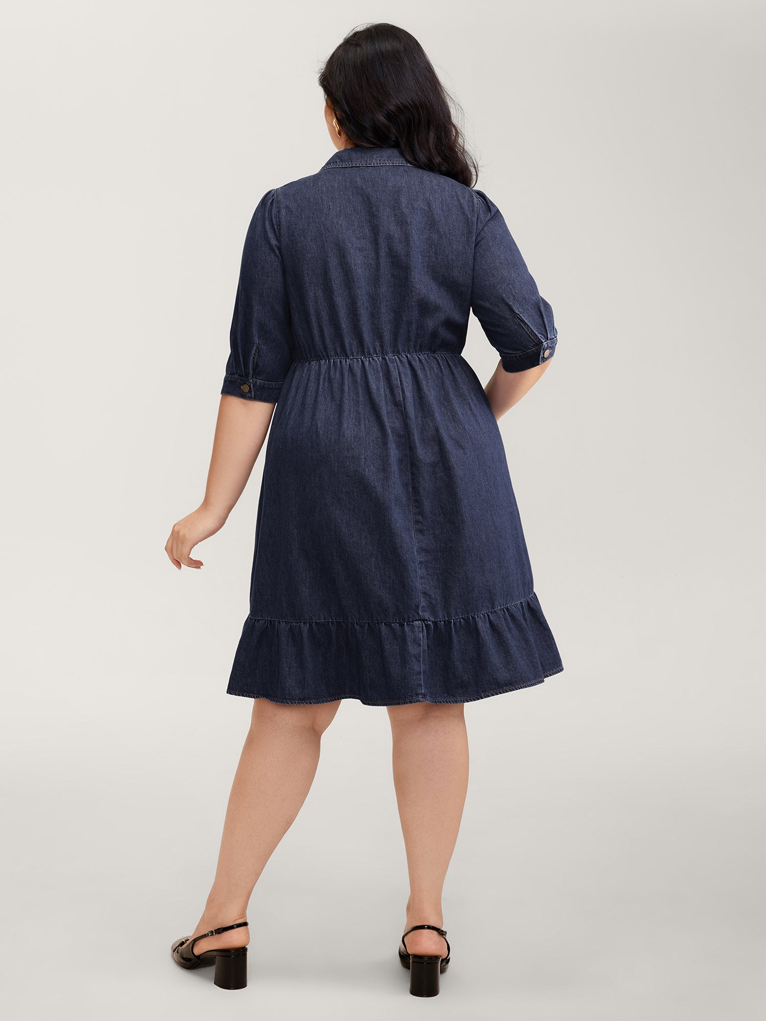 Denim Ruffled Hem Pockets Shirt Dress