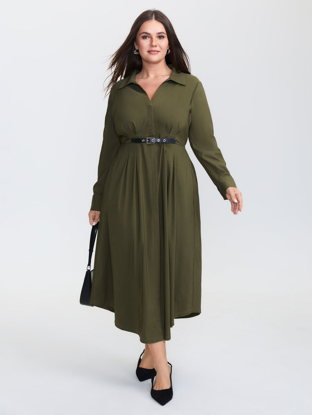 Arc Hem Cinched-Waist Shirt Maxi Dress