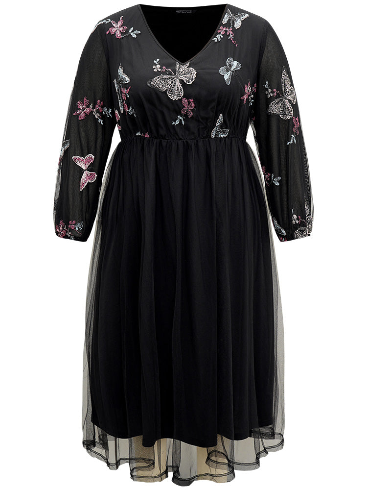 Butterfly Embroidered Mesh Gathered Patchwork Dress