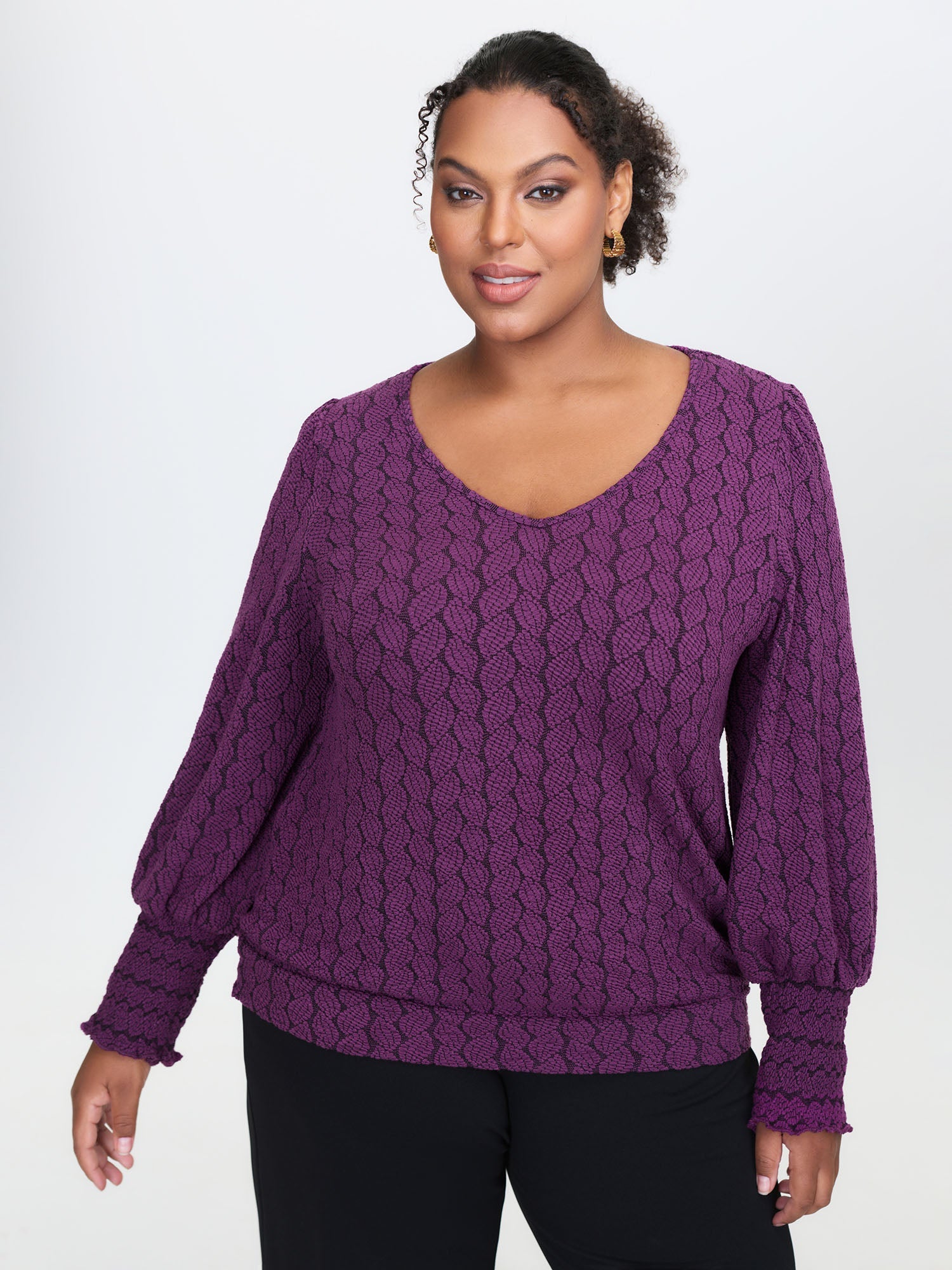 Cableknit Lantern Sleeve V-Neck Knit Top