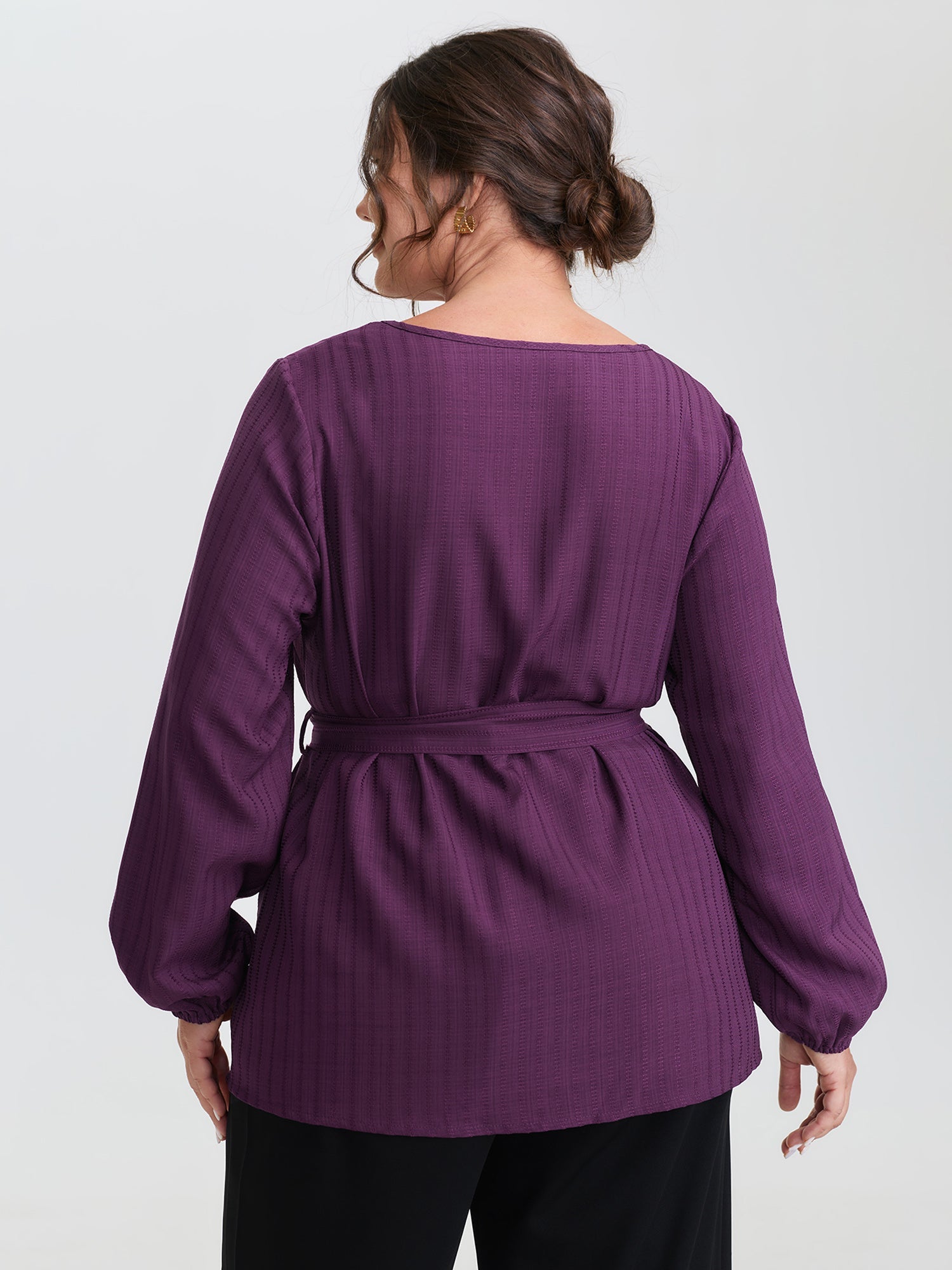 Textured Waist-Tie V-Neck Blouse