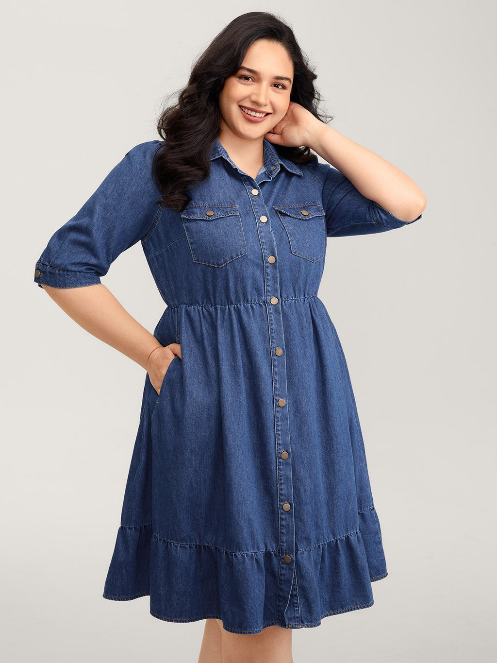 Denim Ruffled Hem Pockets Shirt Dress