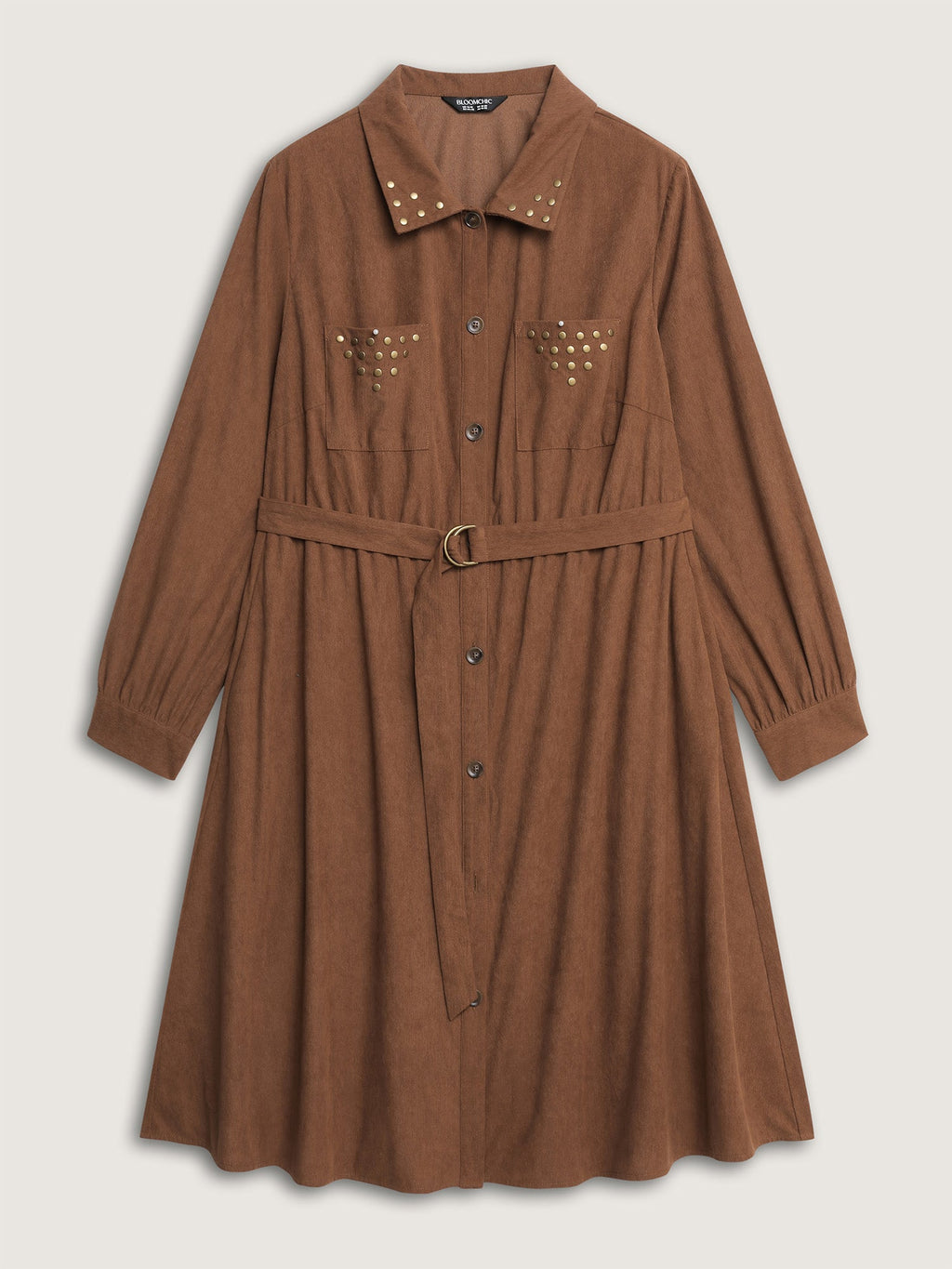 Corduroy Rivets Belted Waist Midi Shirt Dress