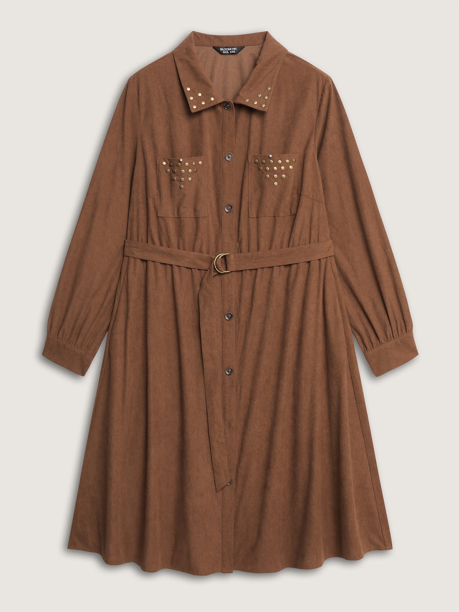 Corduroy Rivets Belted Waist Midi Shirt Dress