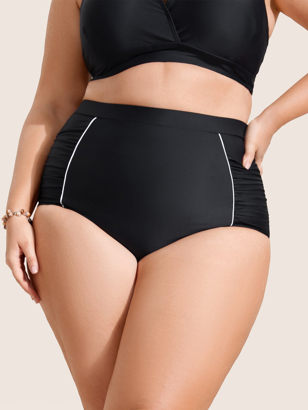 Contrast Trim Ruched High Rise Swim Bottom
