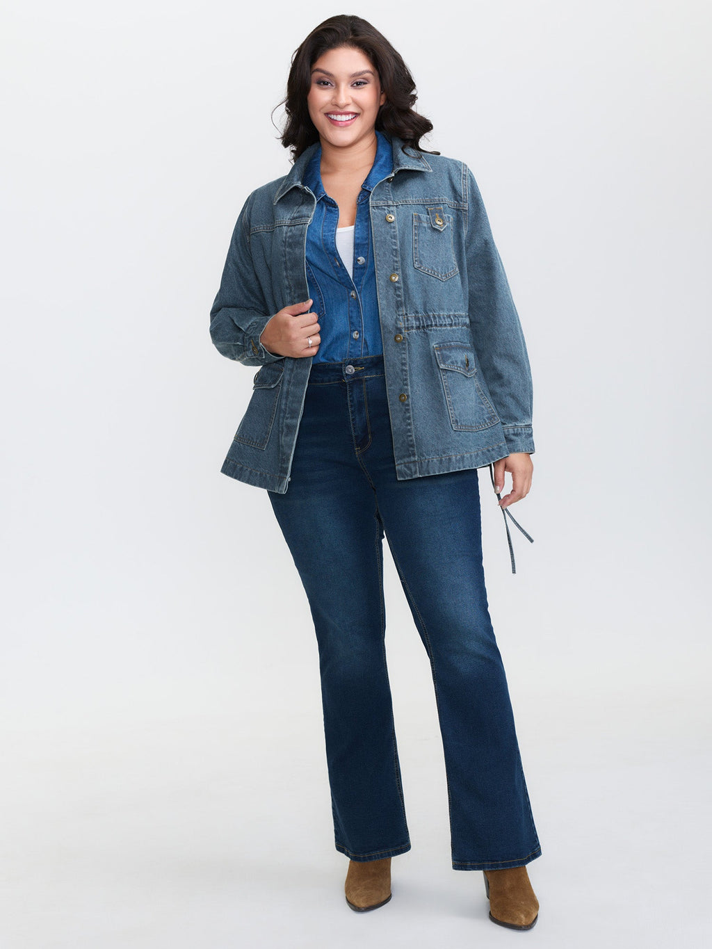 Adjustable Waist Drawstring Denim Jacket