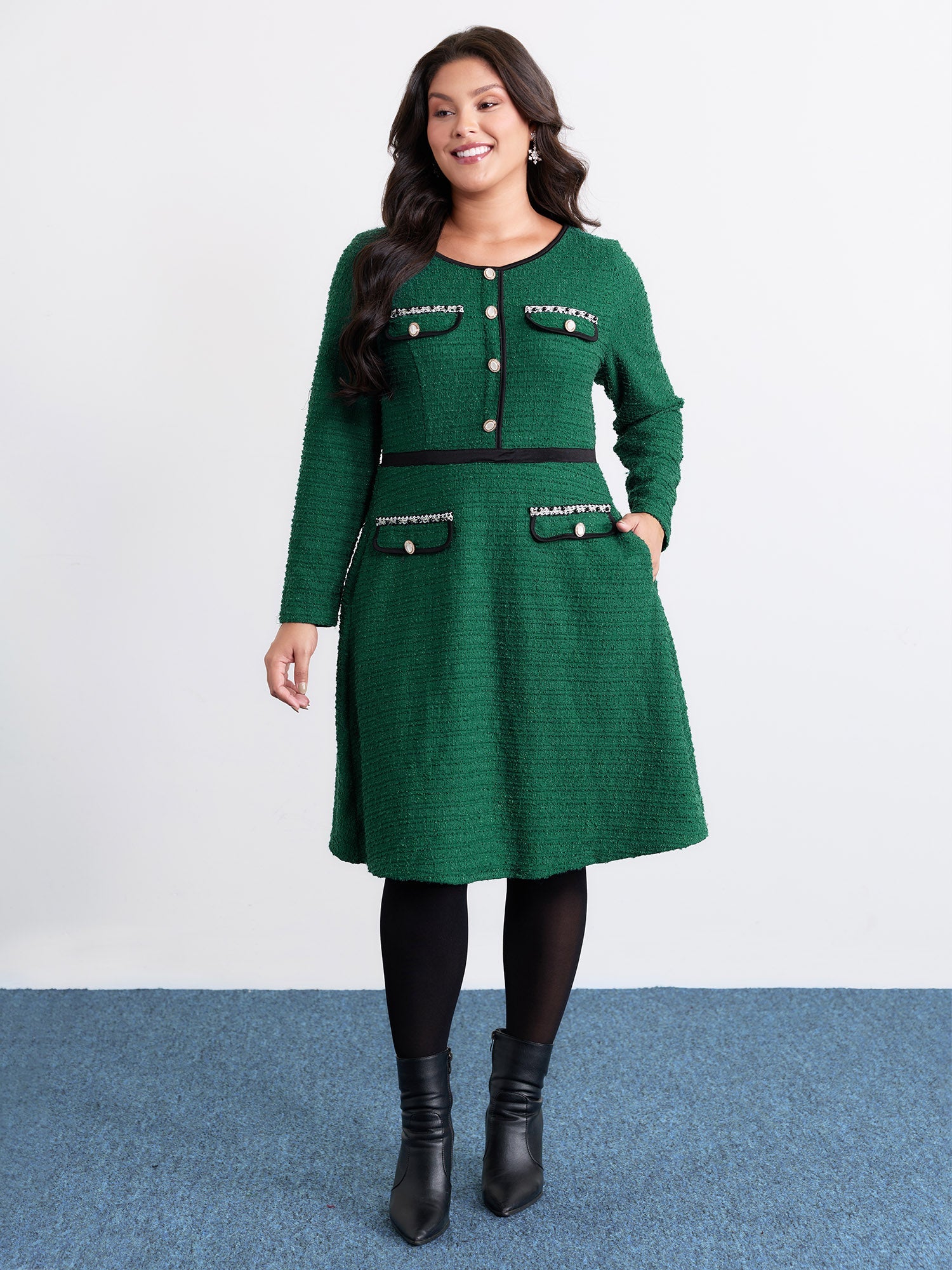 Tweed Stretchy Waist Color Contrast Midi Dress