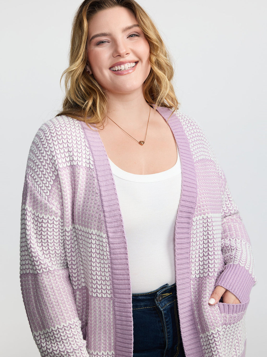 Color Stripes Pockets Textured Knit Cardigan