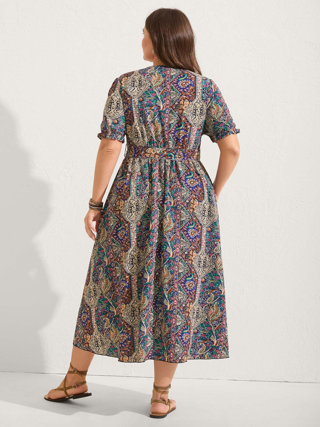 Boho Print Overlap Hem Belted Midi Dress