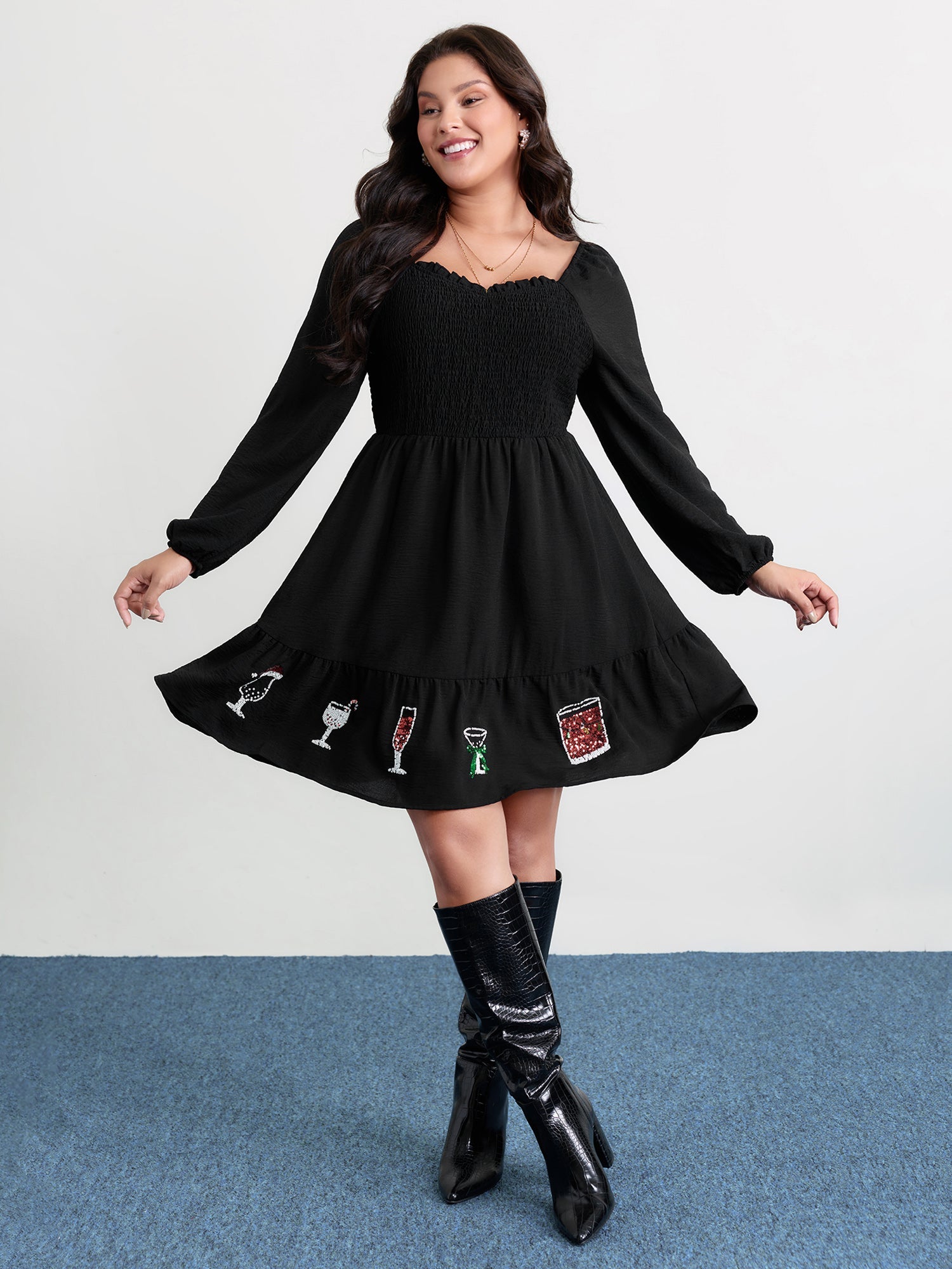 Colorful Sequin Embroidery Tiered Knee Dress