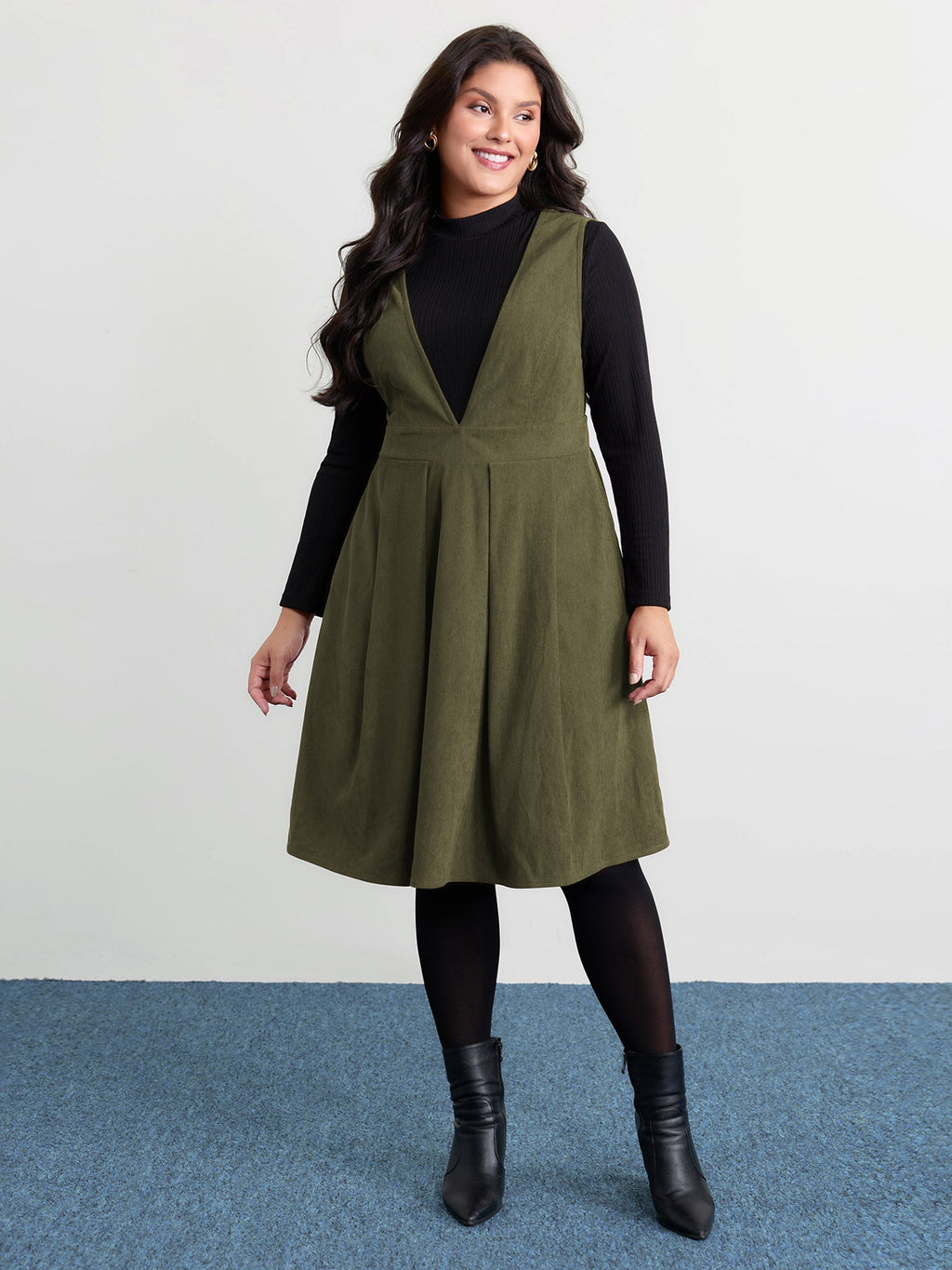 Corduroy Stretchy Waist V-Neck Midi Dress