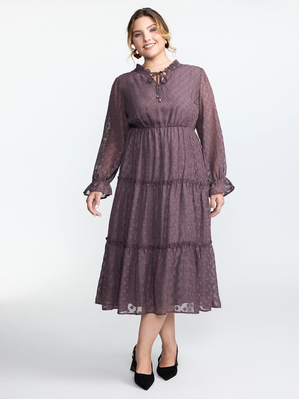 Chiffon Textured Tiered Ruffled Midi Dress