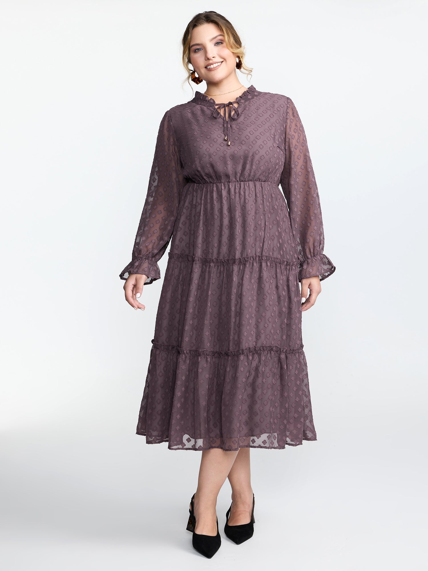 Chiffon Textured Tiered Ruffled Midi Dress