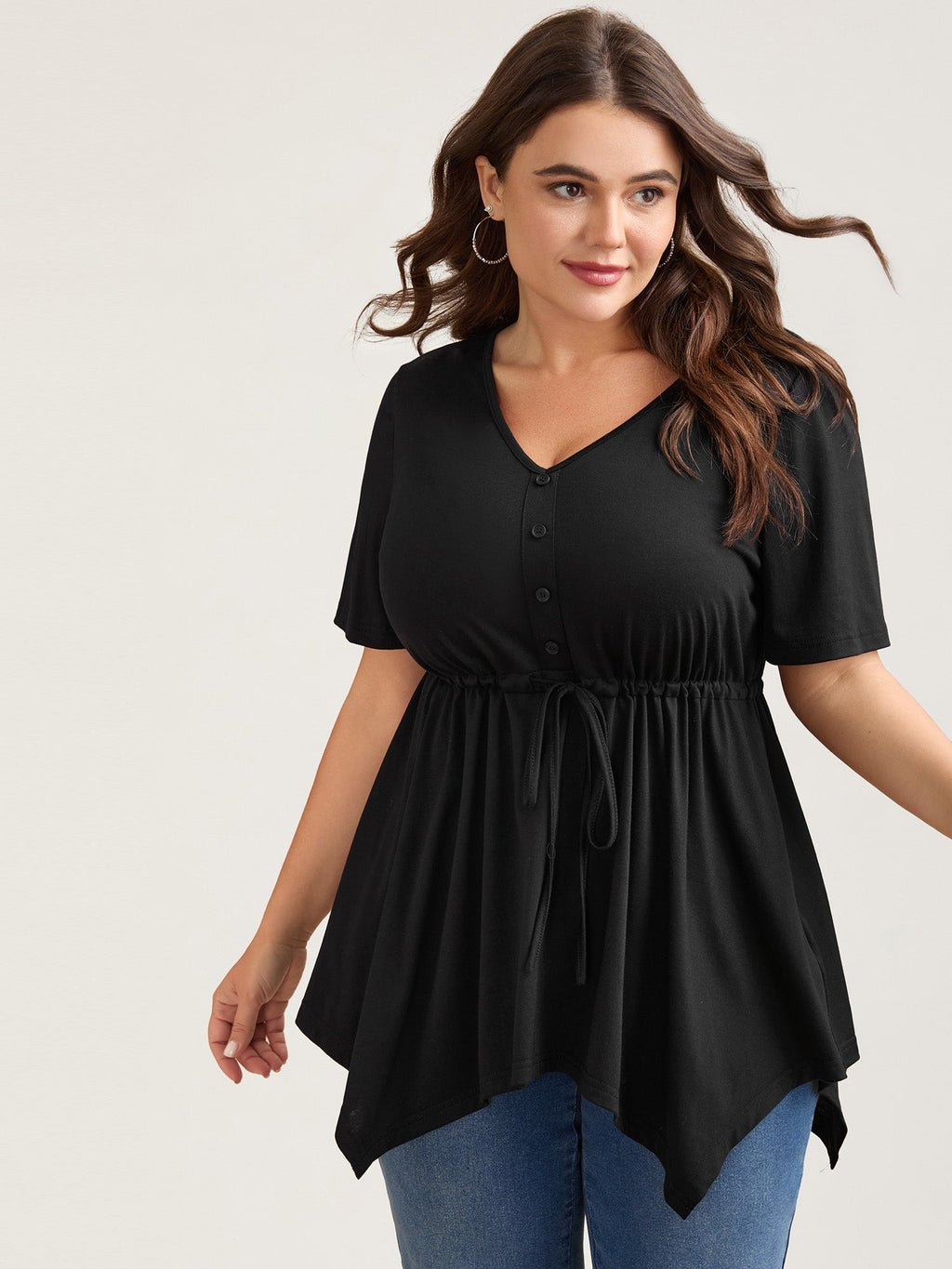 Adjustable Waist-Tie Asymmetrical Hem Plain Top