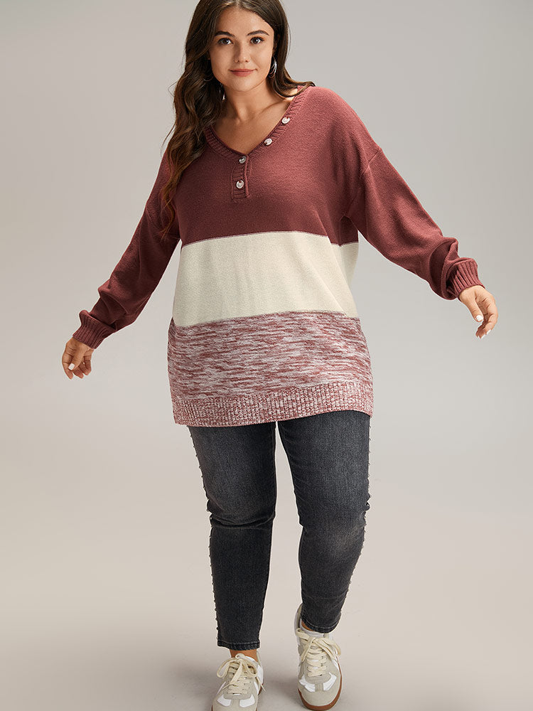Contrast Heather V Neck Button Detail Pullover