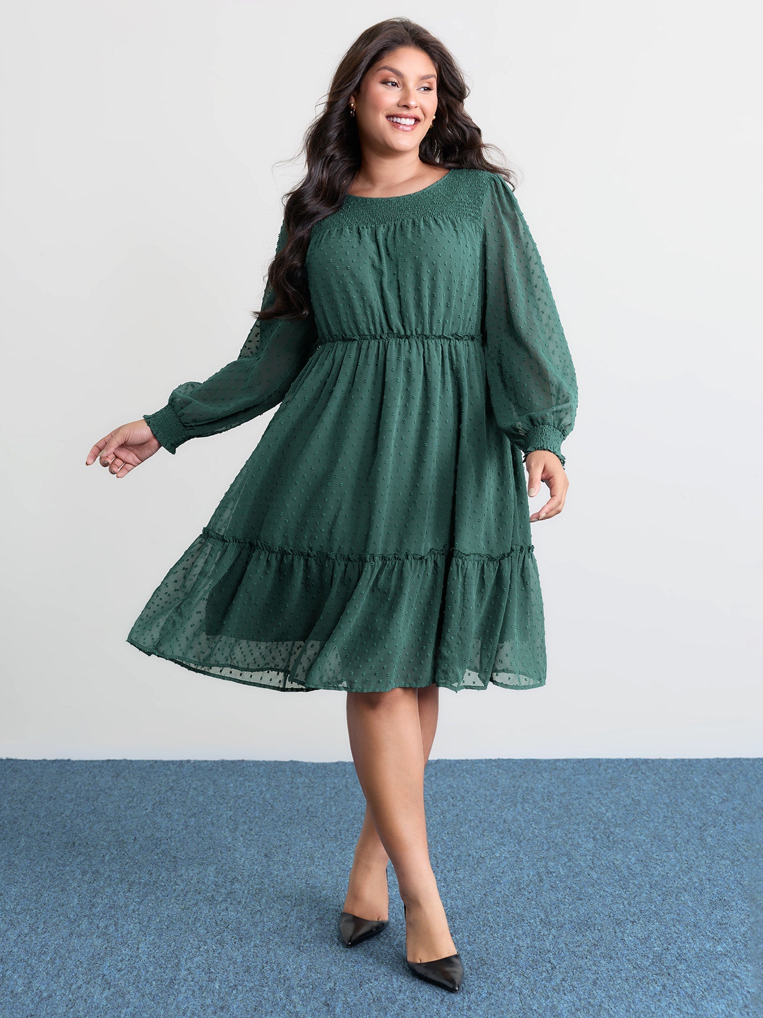 Chiffon Textured Shirred Ruffled Midi Dress