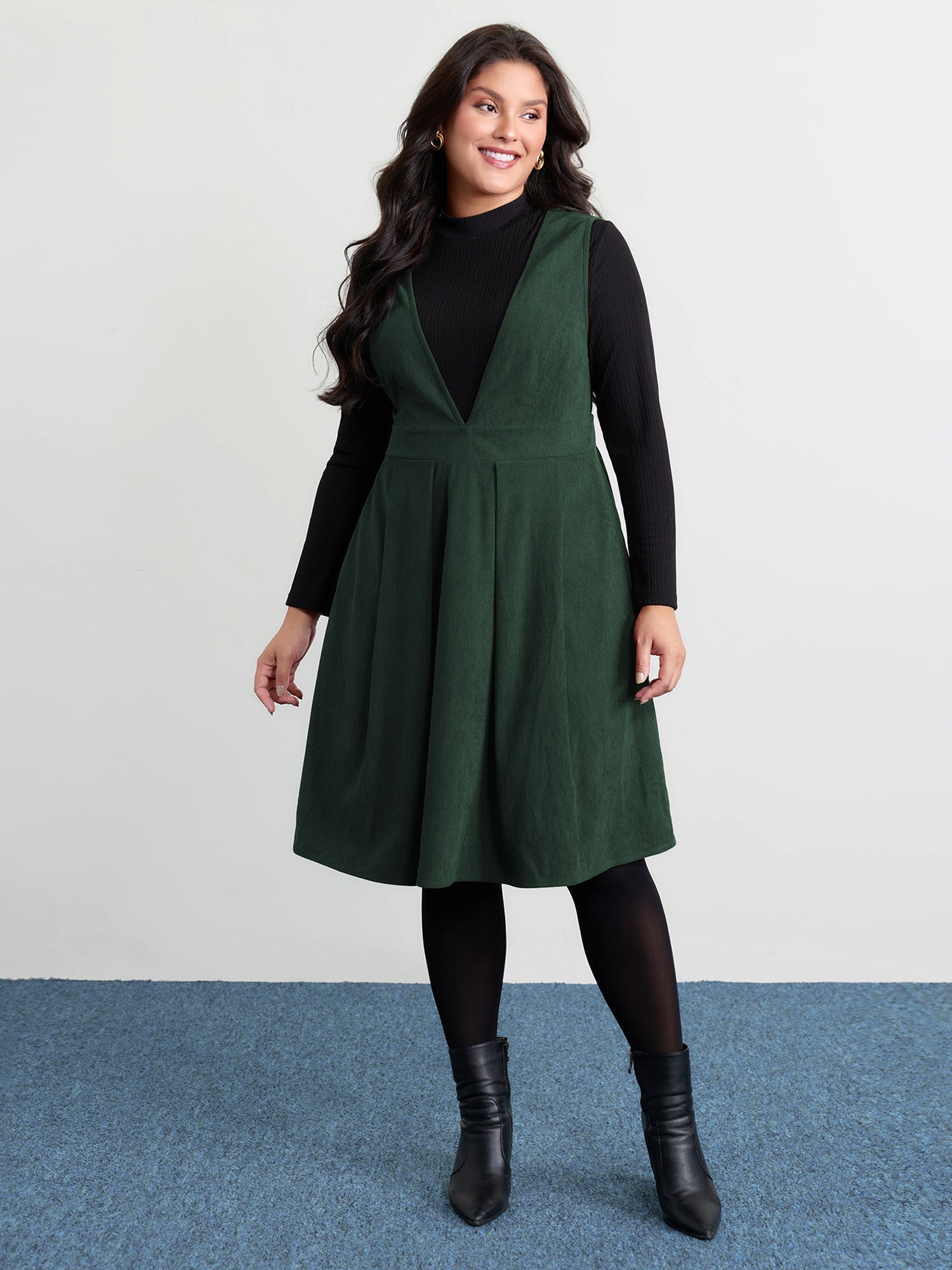 Corduroy Stretchy Waist V-Neck Midi Dress