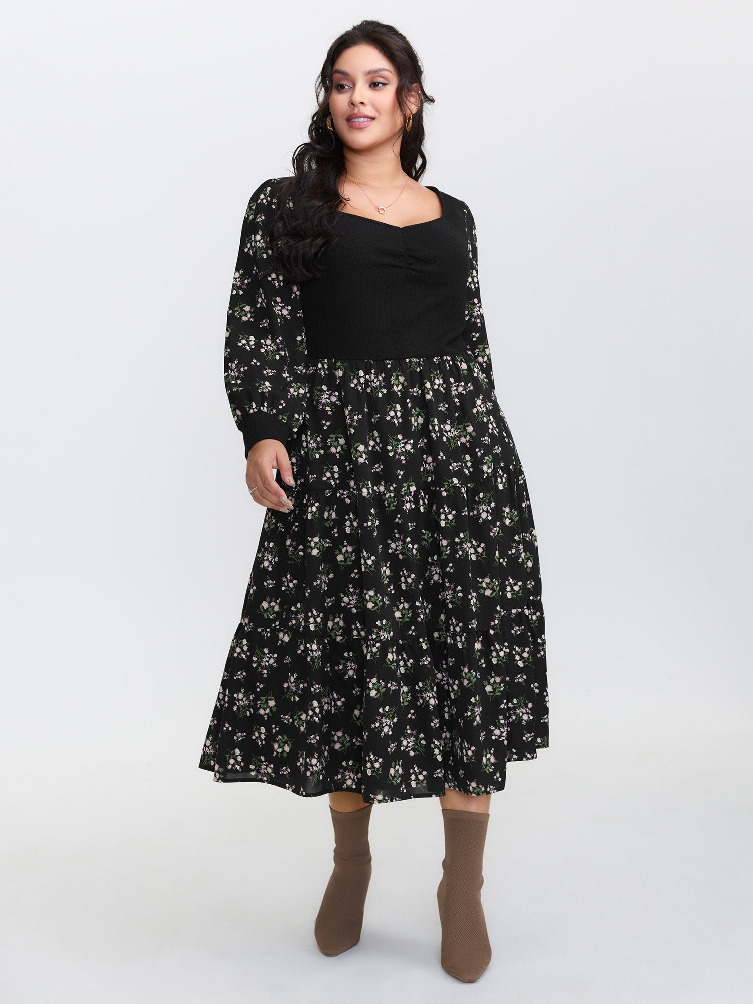 2-in-1 Floral Ruched Midi Dress