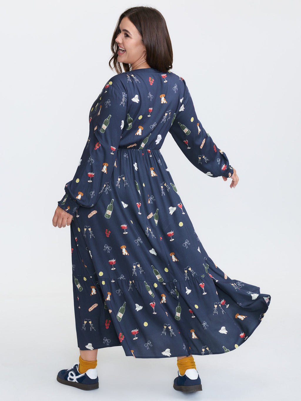 Colorful Pattern Shirred Pockets Midi Dress