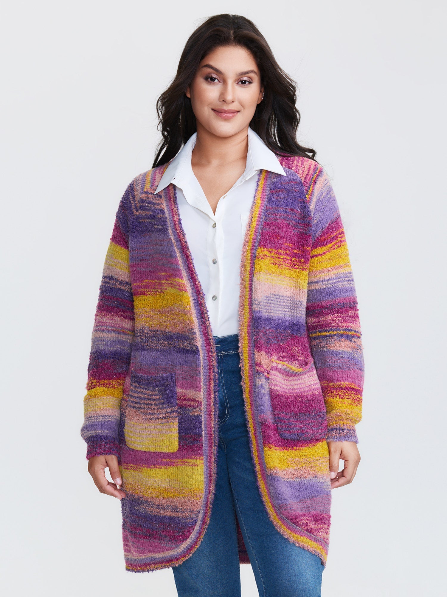 Color Gradient Textured Open-Front Knit Cardigan