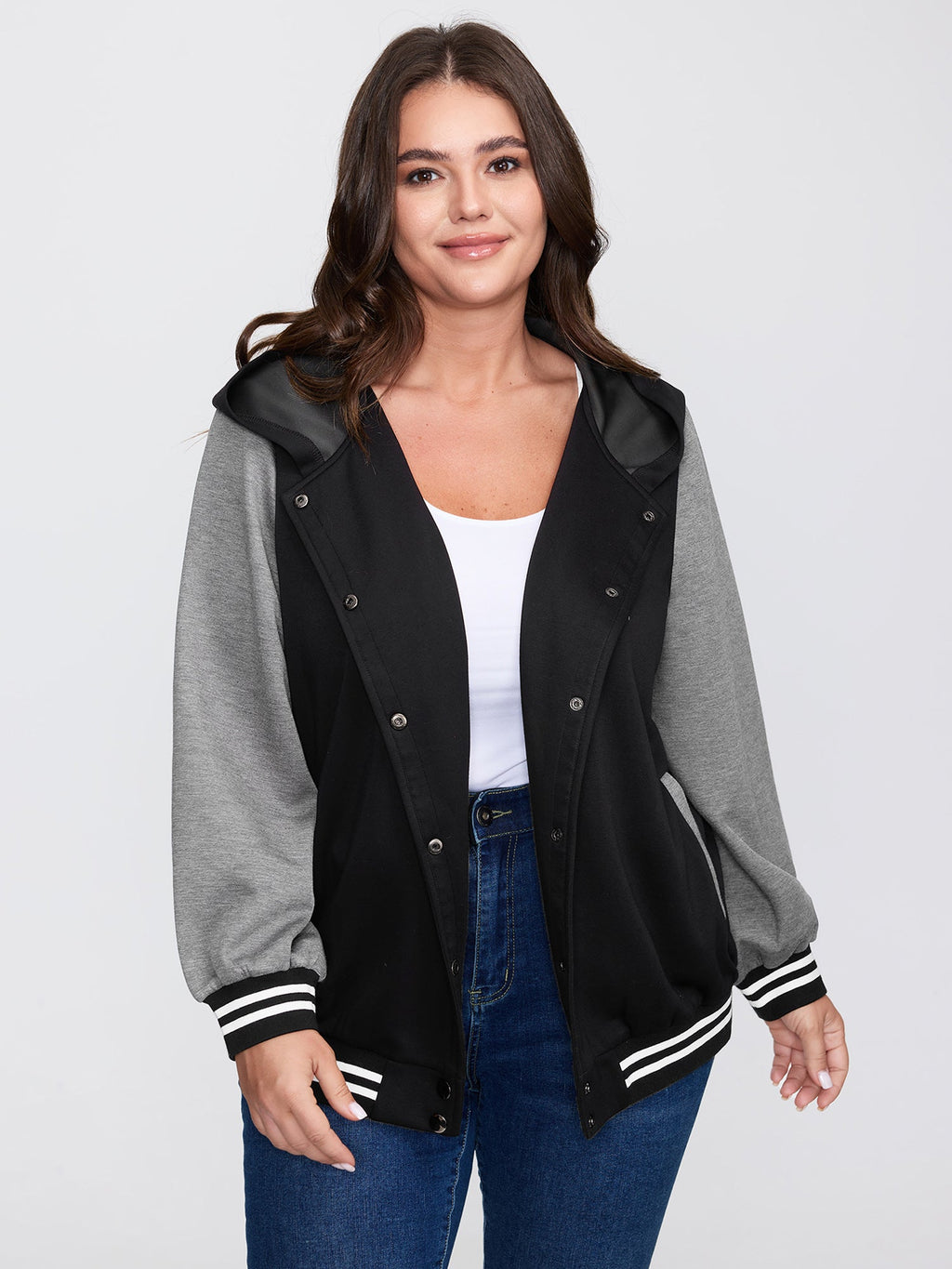 Colorblock Pockets Button Hooded Jacket