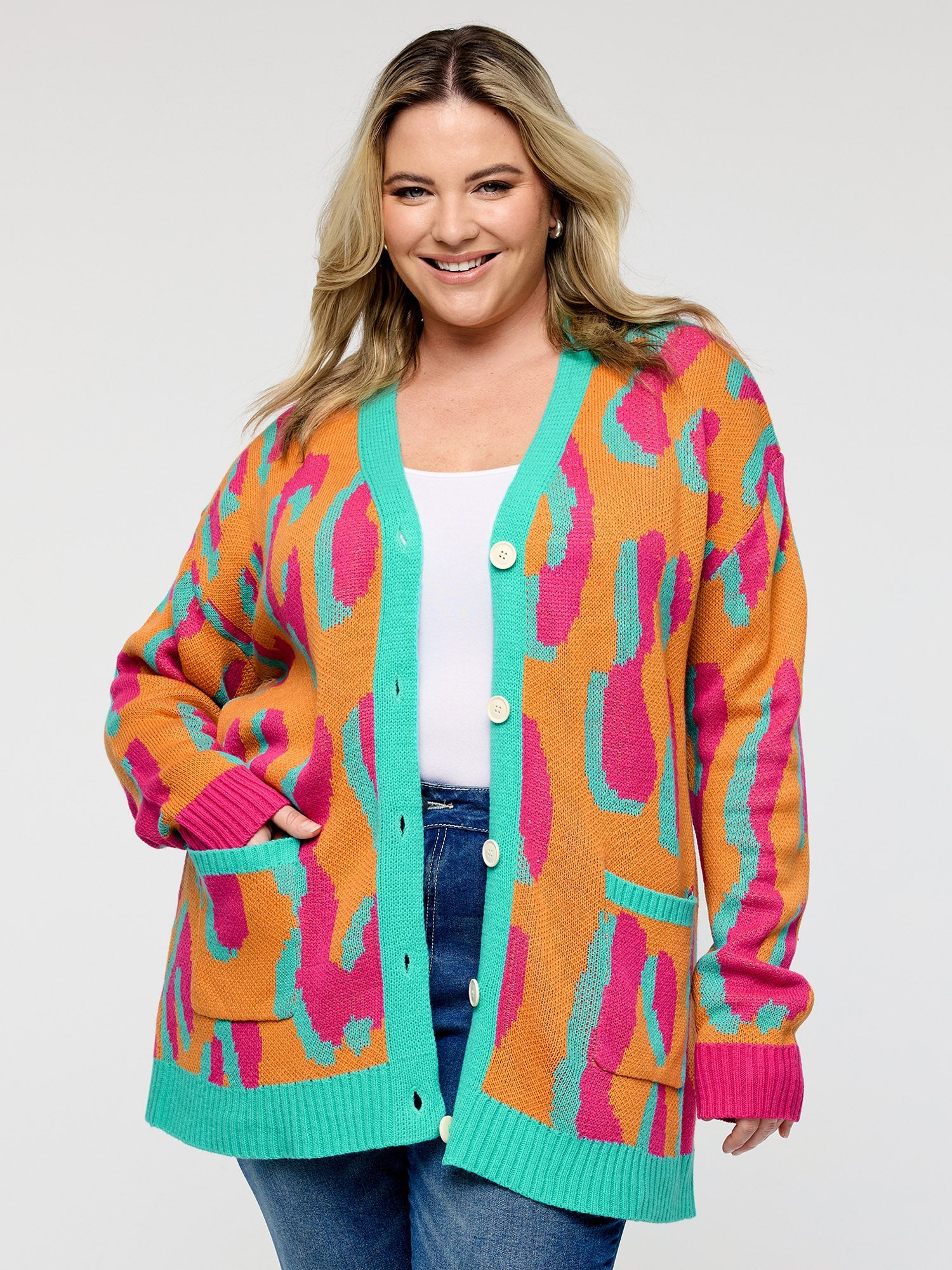 Colorful Leopard Button Pockets Knit Cardigan