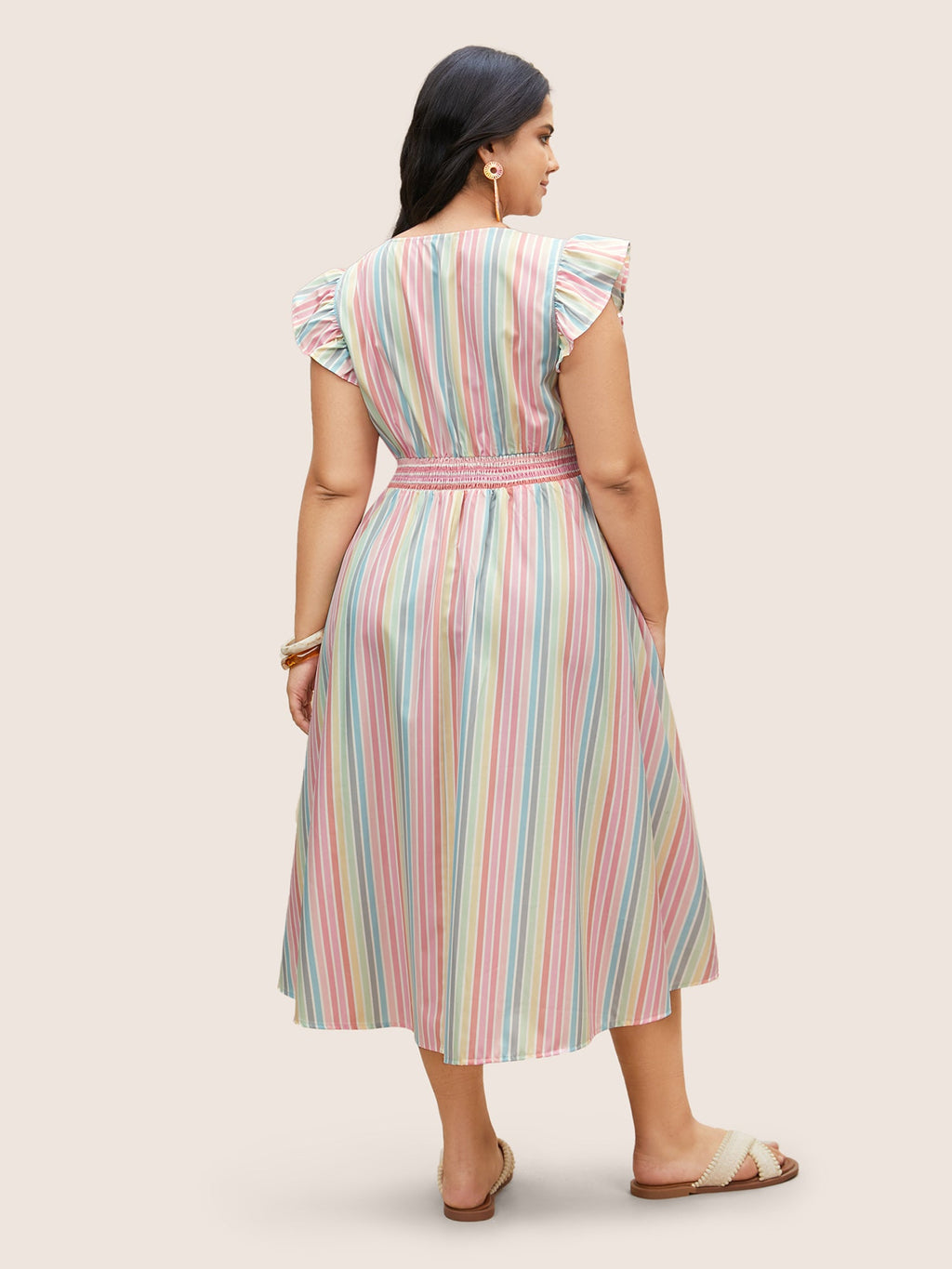 Colored Striped Button Detail Ruffles Dress