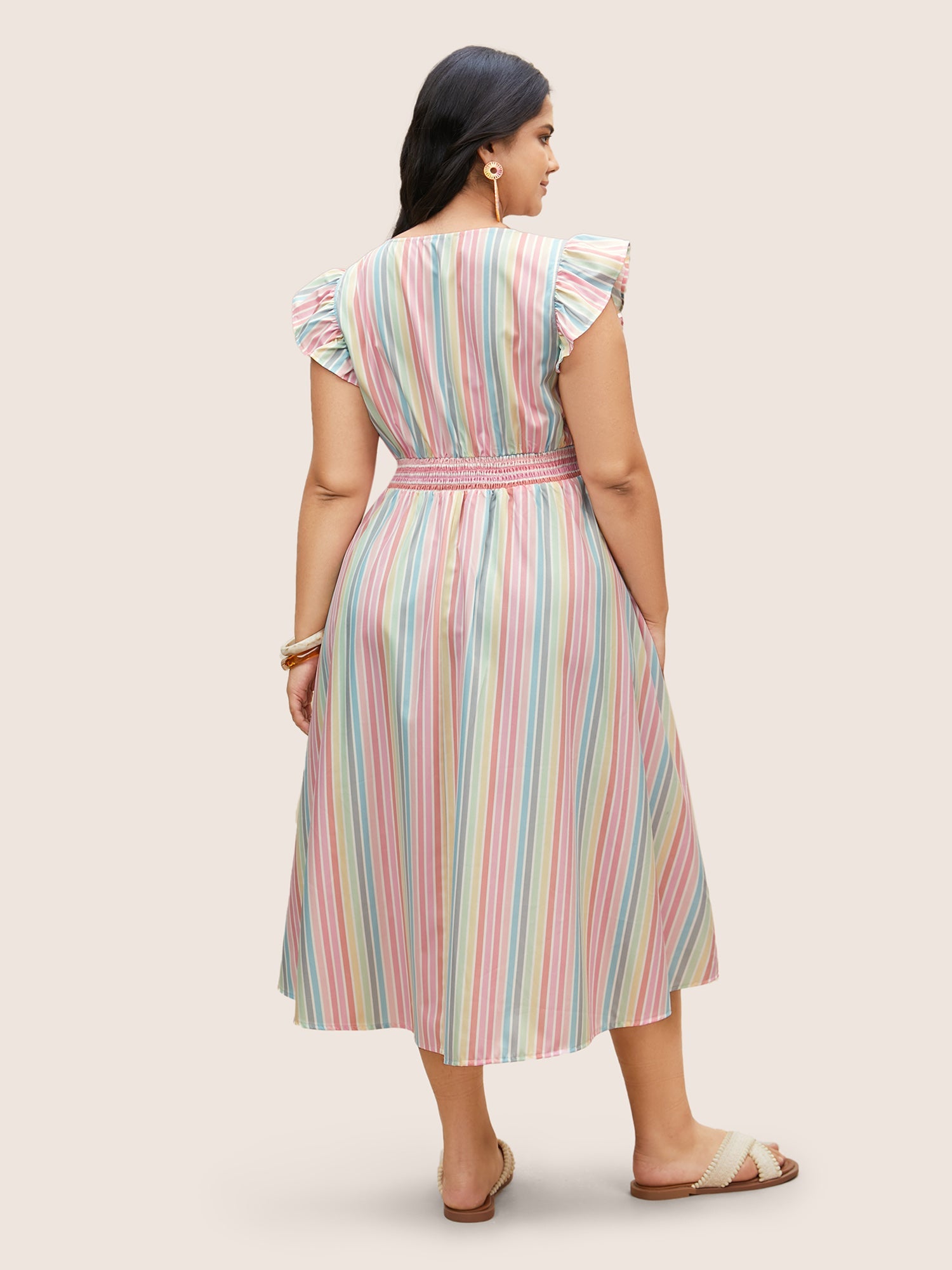 Colored Striped Button Detail Ruffles Dress