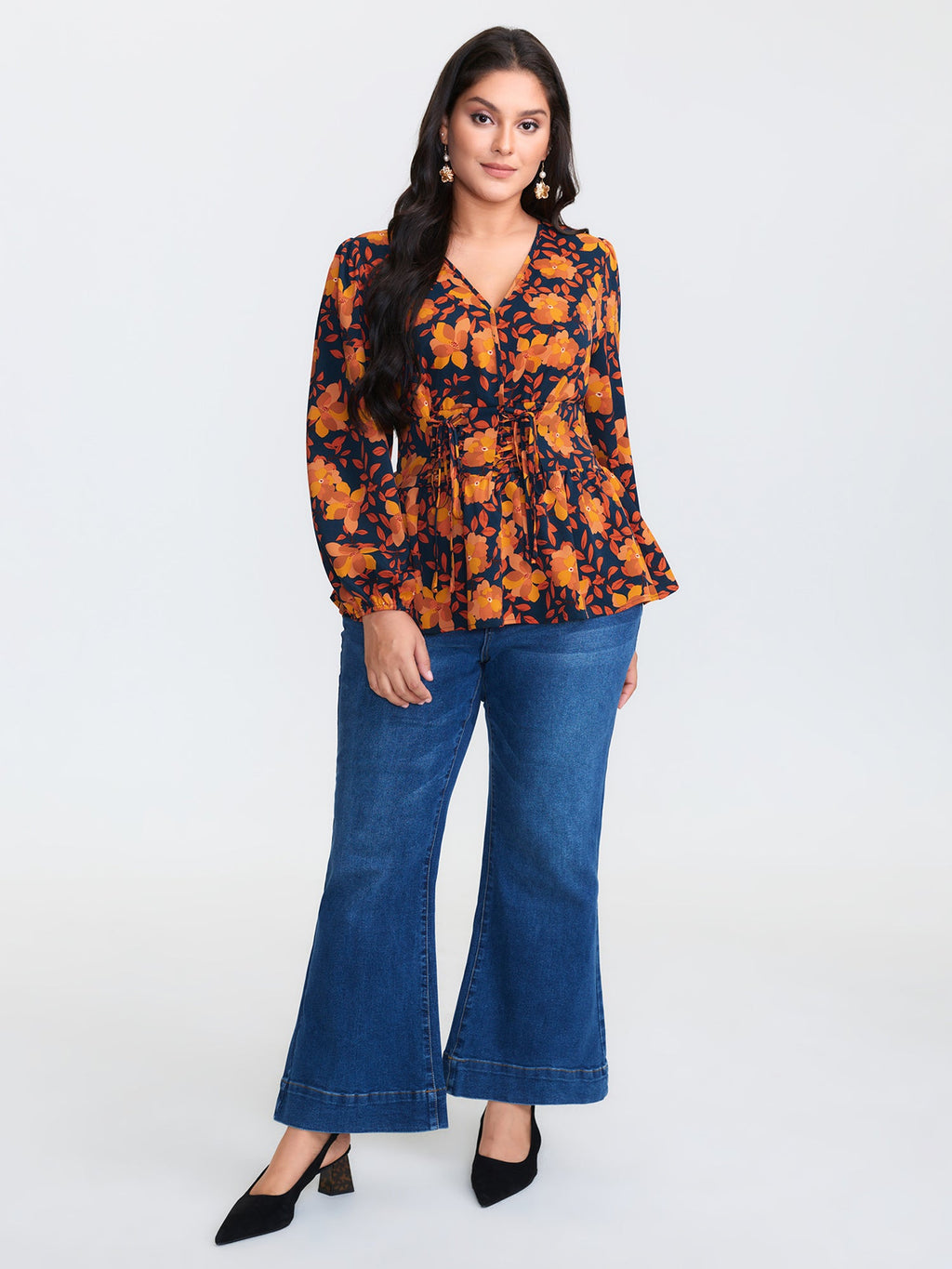 Crisp Leaf Print Shirred Waist Blouse