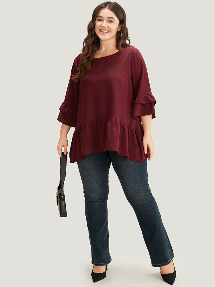 Anti-Wrinkle Plain Ruffle Layered Sleeve Crew Neck Blouse
