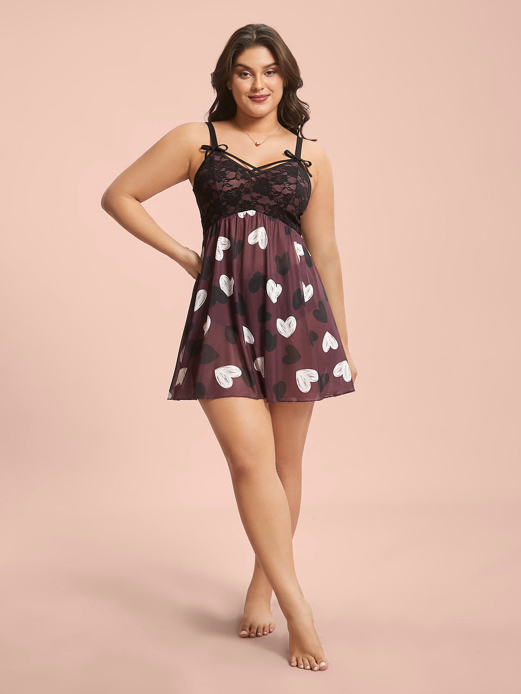 Cami Bow Detail Heart Pattern Sleep Dress