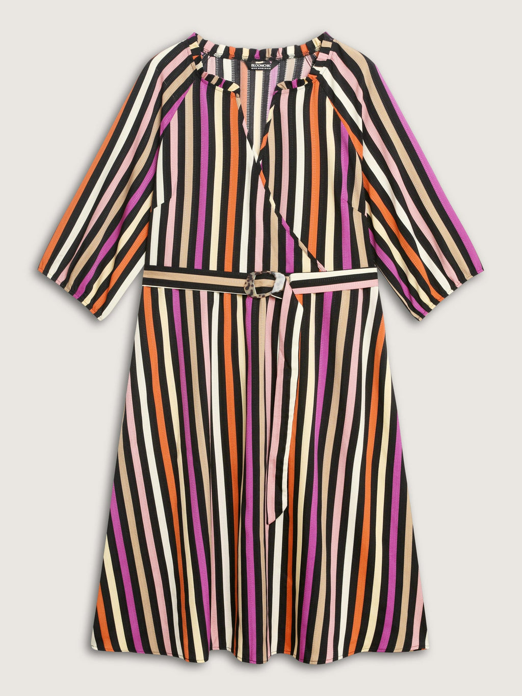 Autumn Stripe Print Belted Waist Midi Dress